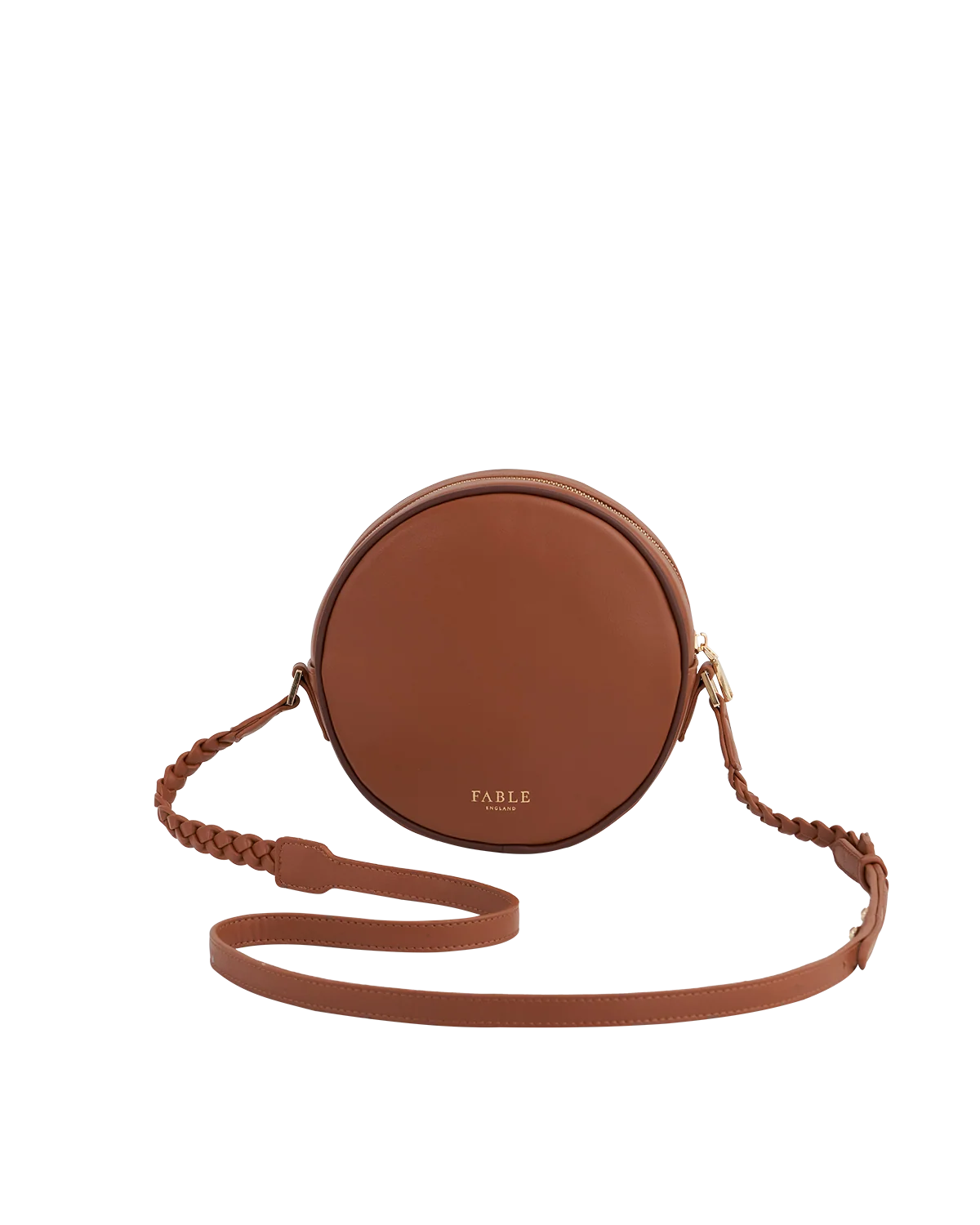 Fable Bumble Circle Bag in tan faux leather featuring detailed embroidered bee and floral pattern