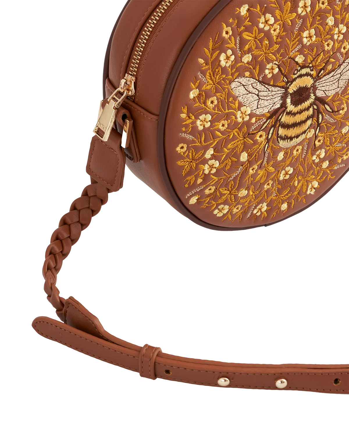 Fable Bumble Circle Bag in tan faux leather featuring detailed embroidered bee and floral pattern