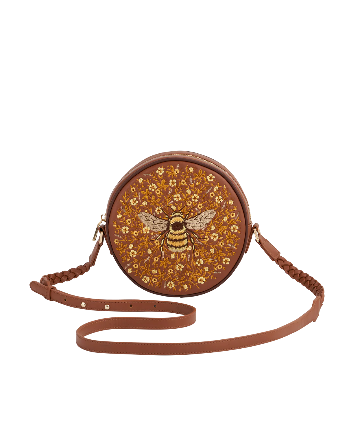 Fable Bumble Circle Bag in tan faux leather featuring detailed embroidered bee and floral pattern