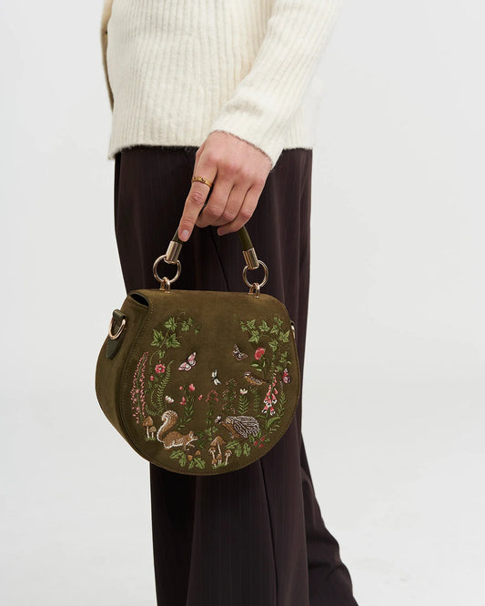 Fable Charlotte Meadow Scene Embroidered Faux Suede Saddle Bag in Khaki featuring squirrel and hedgehog embroidery