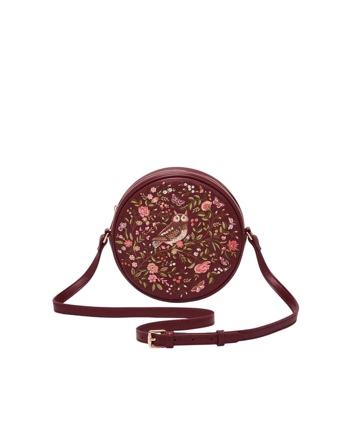 Fable Chloe Owl Embroidered Circle Bag in burgundy faux leather with floral tree and owl embroidery