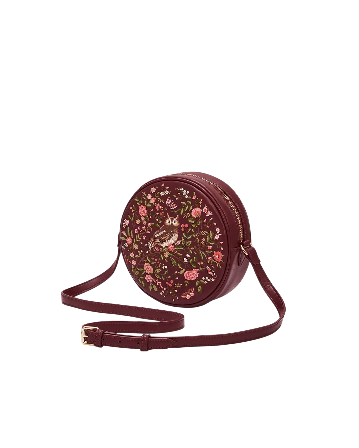 Fable Chloe Owl Embroidered Circle Bag in burgundy faux leather with floral tree and owl embroidery