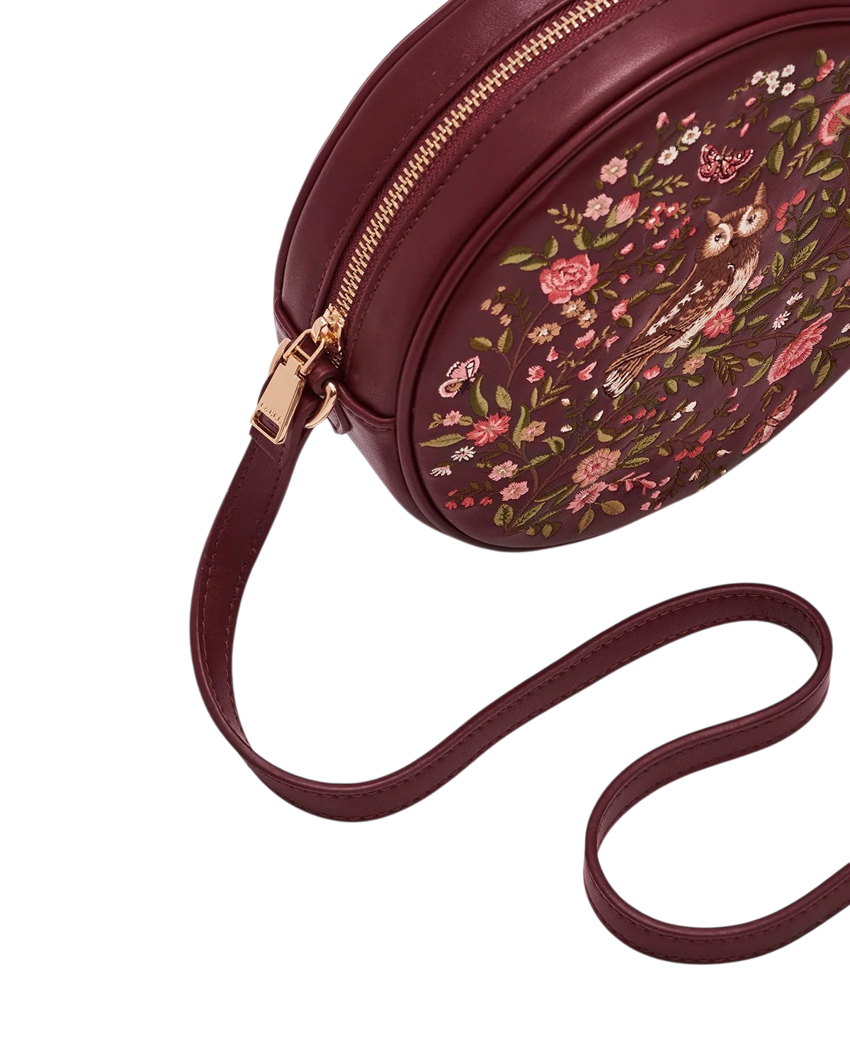 Fable Chloe Owl Embroidered Circle Bag in burgundy faux leather with floral tree and owl embroidery