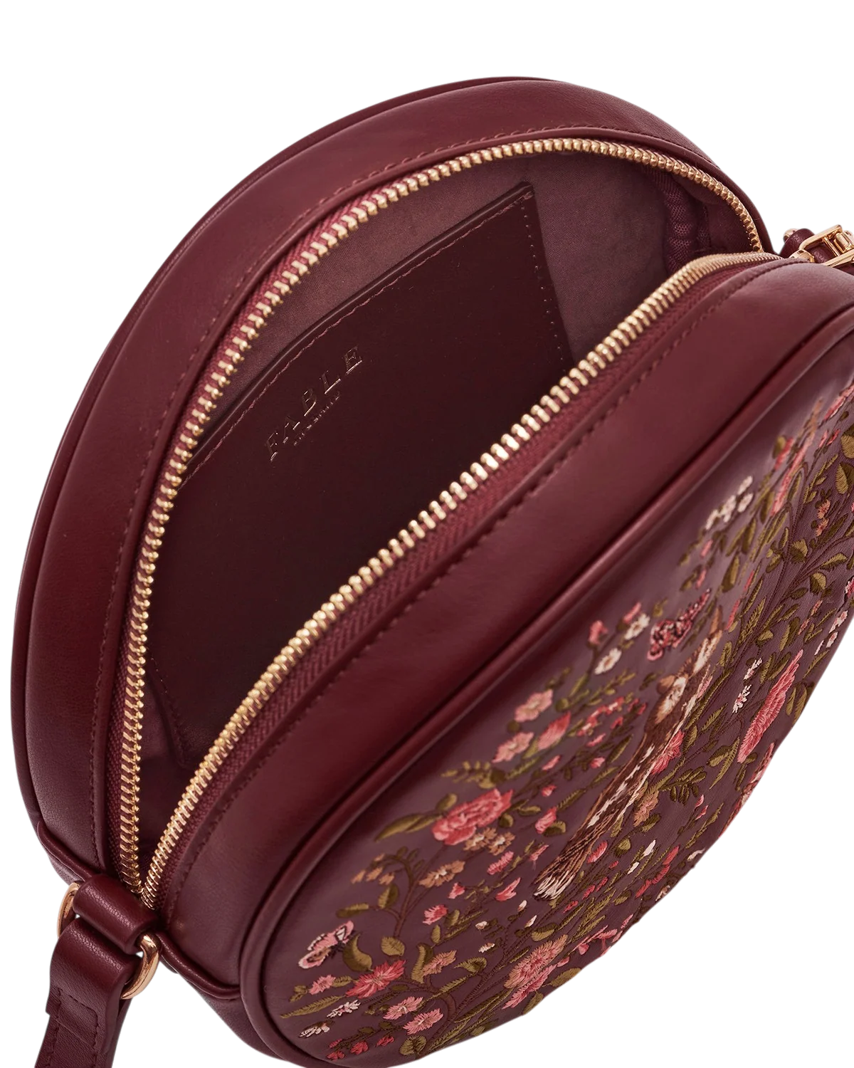 Fable Chloe Owl Embroidered Circle Bag in burgundy faux leather with floral tree and owl embroidery