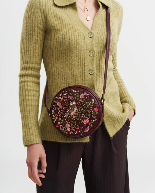 Fable Chloe Owl Embroidered Circle Bag in burgundy faux leather with floral tree and owl embroidery