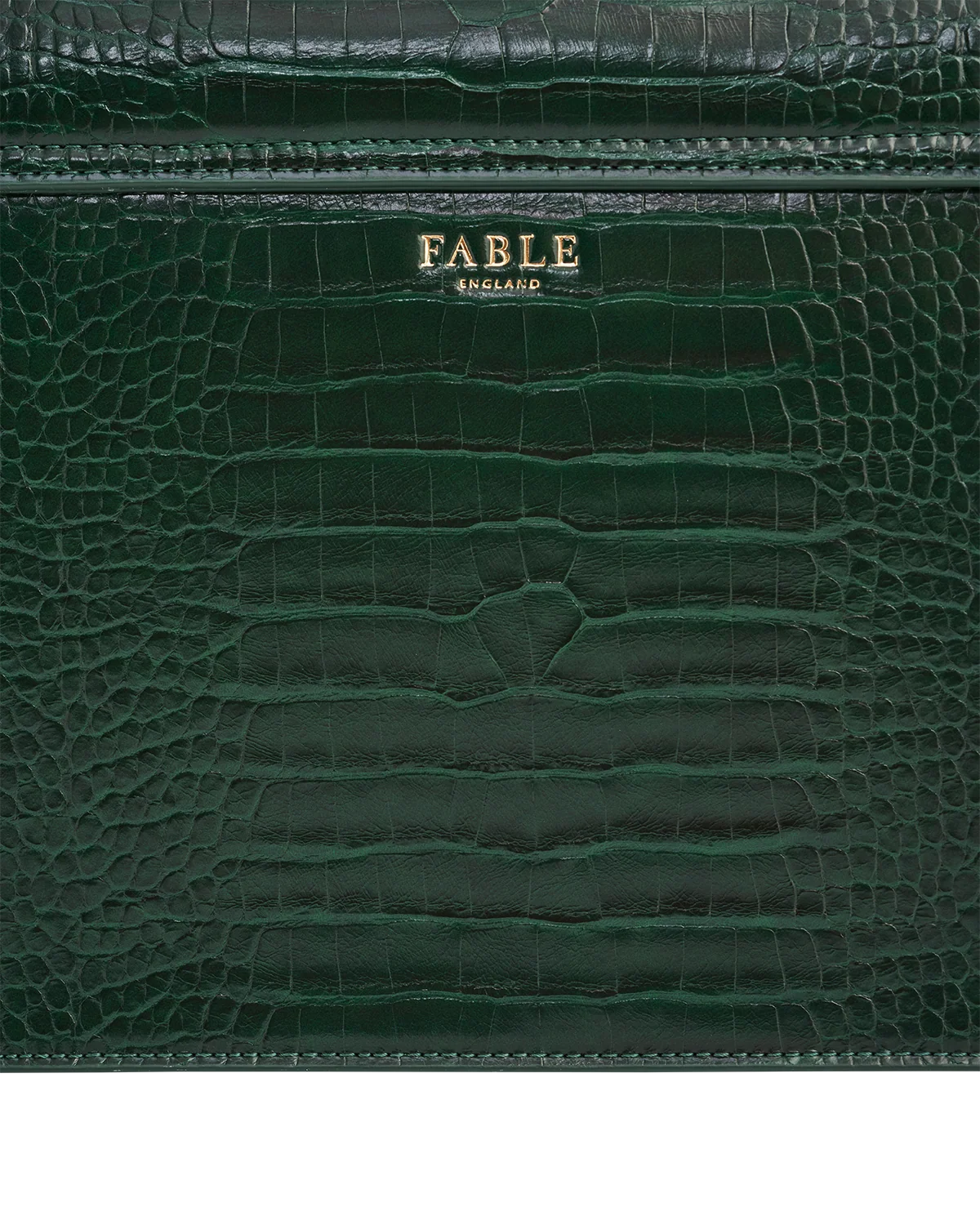 Fable Eliza Top Handle Bag in Forest Green Croc with Into the Woods printed scarf wrapped around the handle