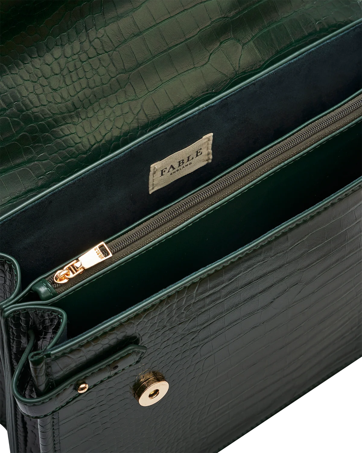 Fable Eliza Top Handle Bag in Forest Green Croc with Into the Woods printed scarf wrapped around the handle