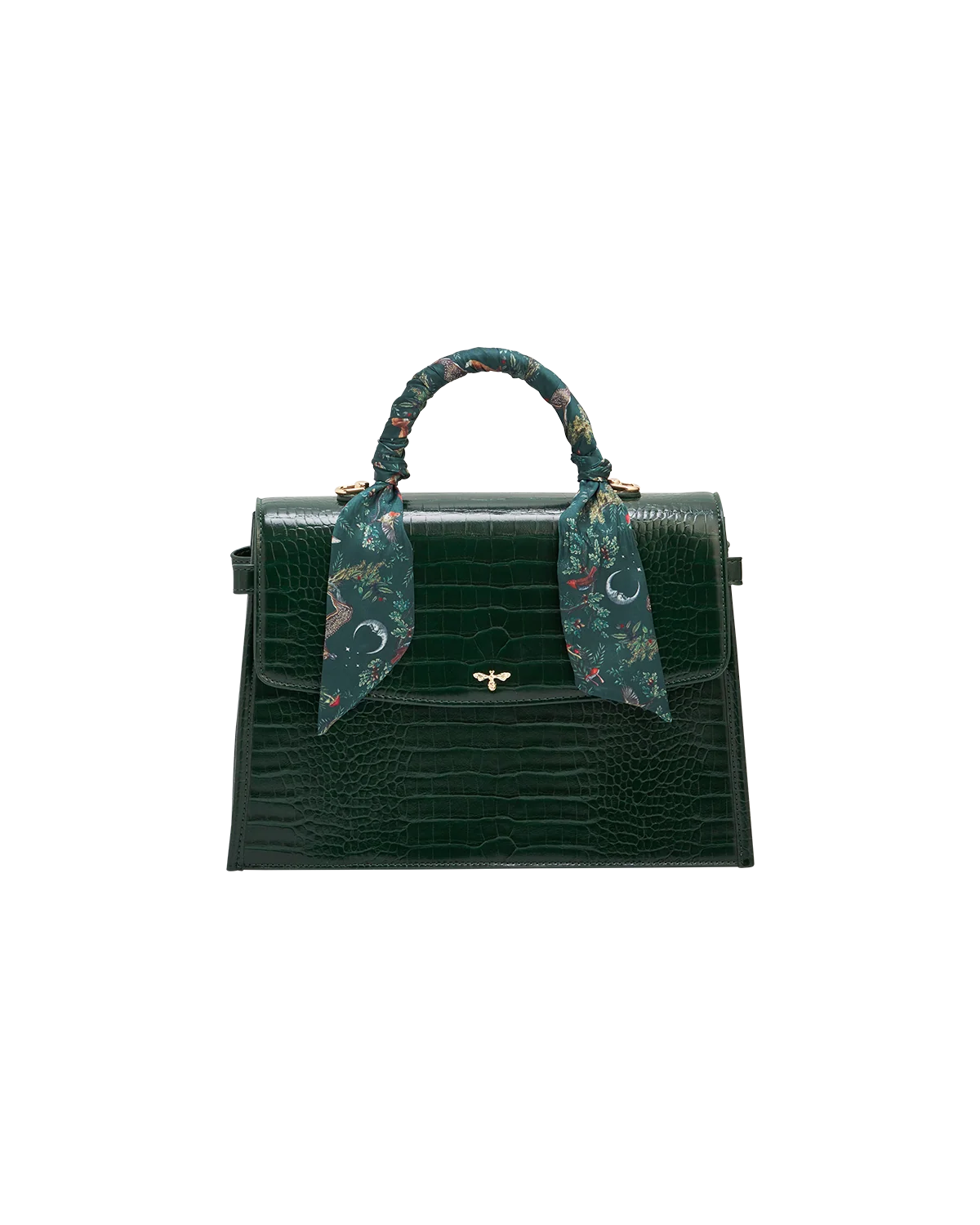 Fable Eliza Top Handle Bag in Forest Green Croc with Into the Woods printed scarf wrapped around the handle
