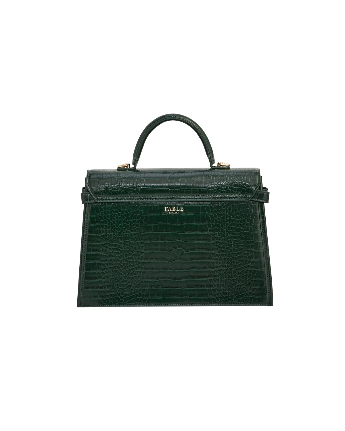 Fable Eliza Top Handle Bag in Forest Green Croc with Into the Woods printed scarf wrapped around the handle