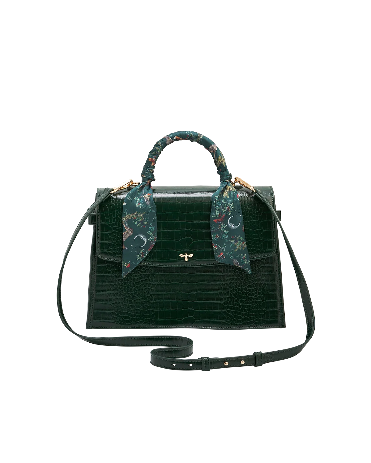 Fable Eliza Top Handle Bag in Forest Green Croc with Into the Woods printed scarf wrapped around the handle