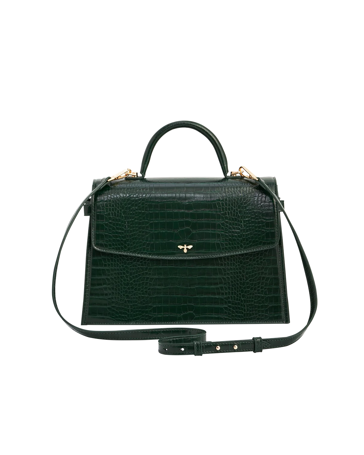 Fable Eliza Top Handle Bag in Forest Green Croc with Into the Woods printed scarf wrapped around the handle