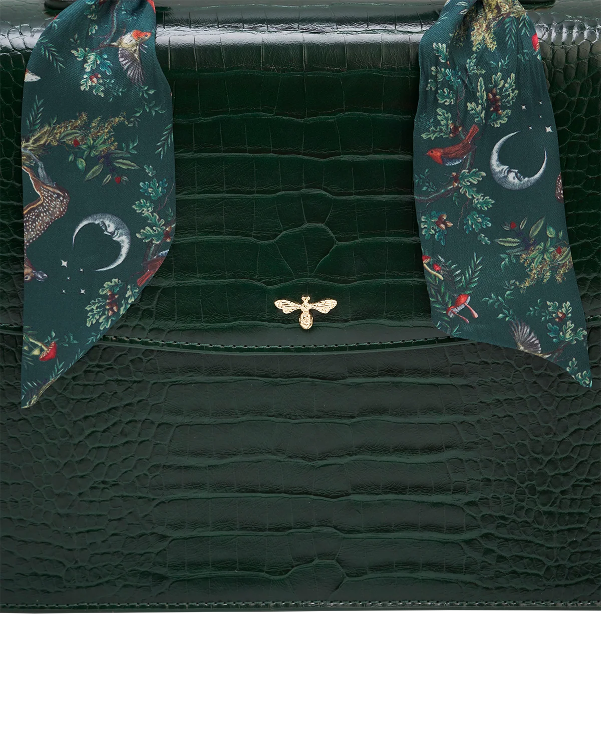 Fable Eliza Top Handle Bag in Forest Green Croc with Into the Woods printed scarf wrapped around the handle
