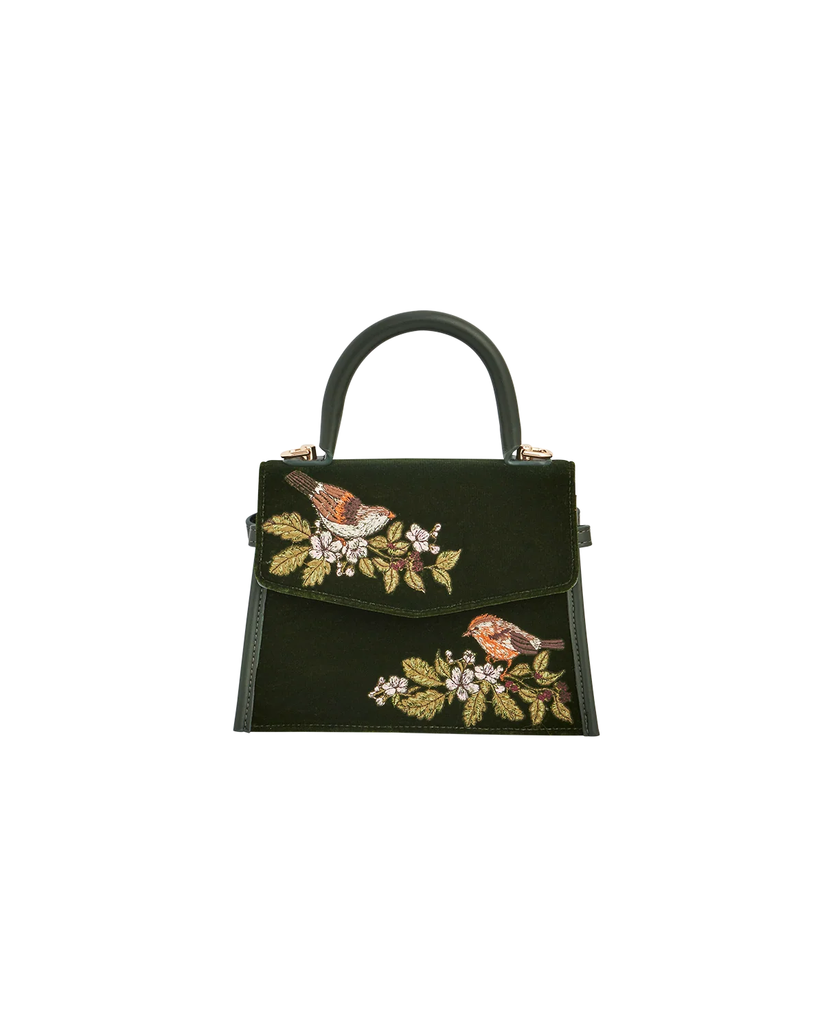 Fable Eliza Wren Embroidered Top Handle Bag in Green Velvet featuring wren bird and blossom embroidery
