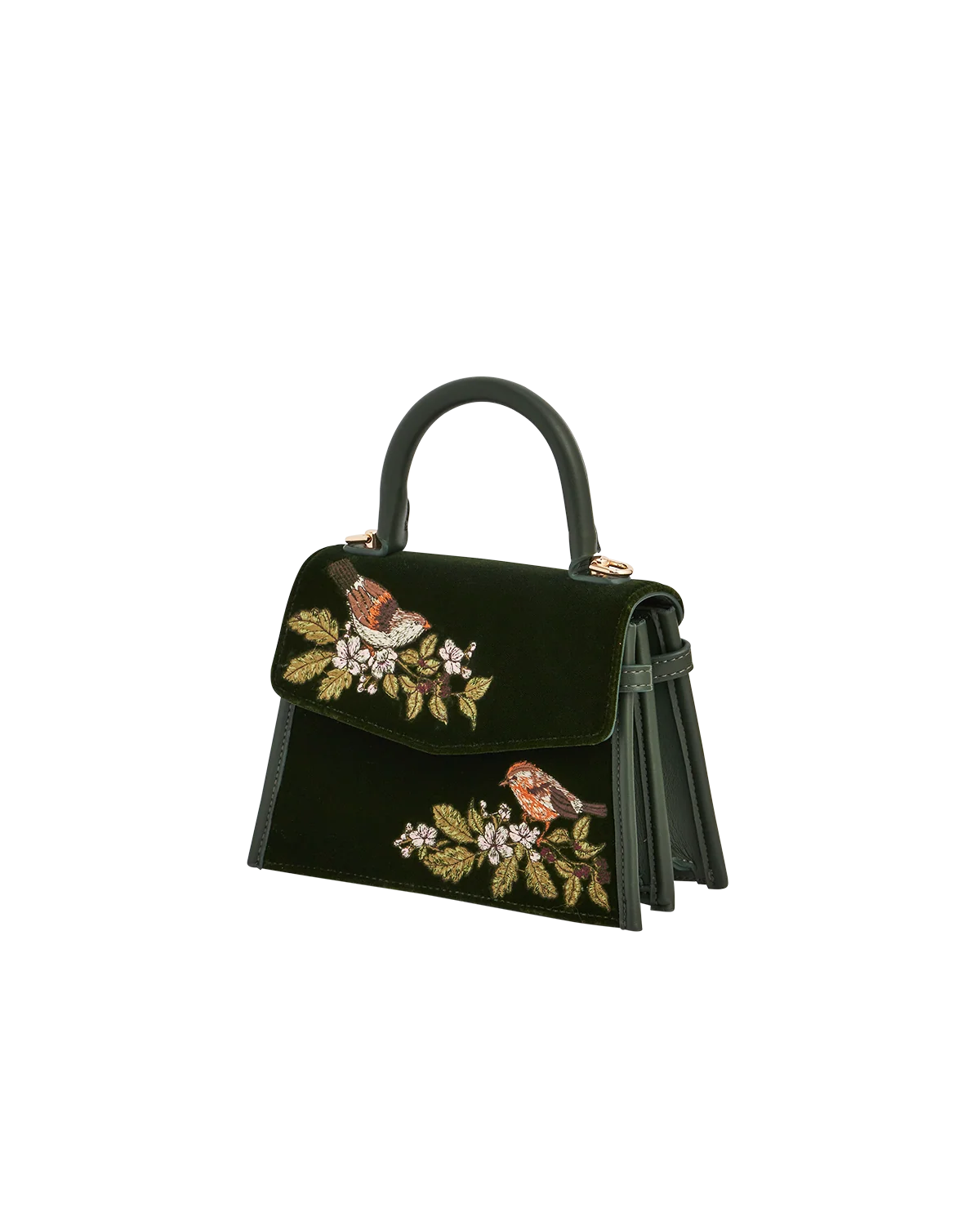 Fable Eliza Wren Embroidered Top Handle Bag in Green Velvet featuring wren bird and blossom embroidery