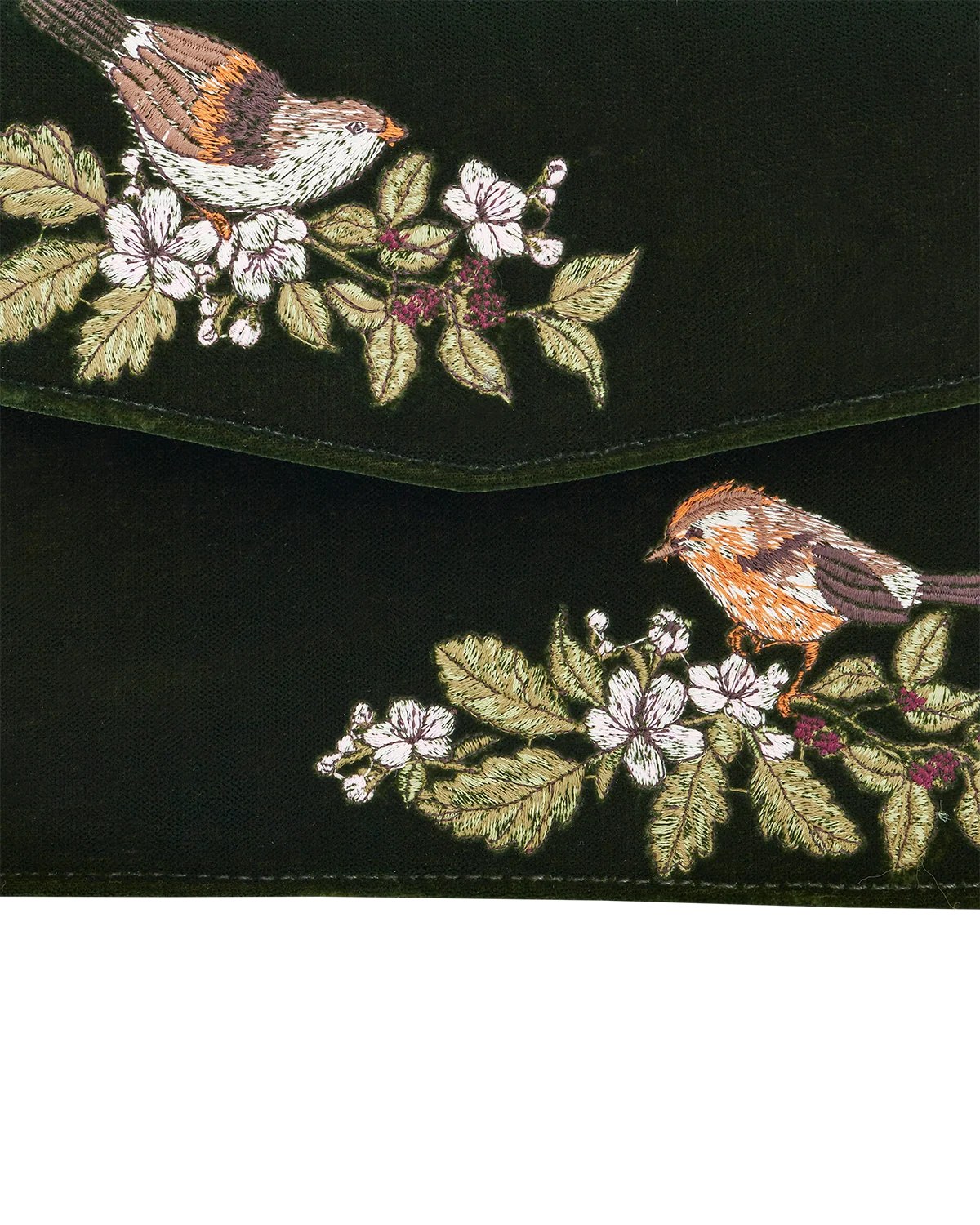 Fable Eliza Wren Embroidered Top Handle Bag in Green Velvet featuring wren bird and blossom embroidery