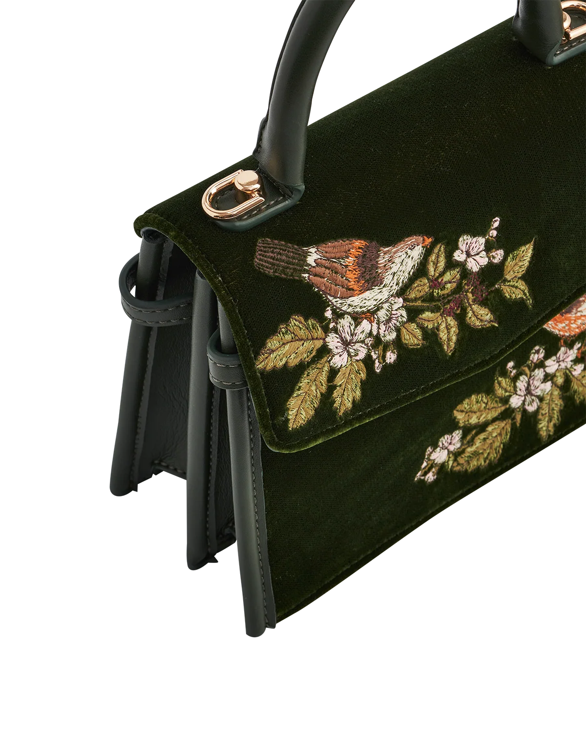 Fable Eliza Wren Embroidered Top Handle Bag in Green Velvet featuring wren bird and blossom embroidery