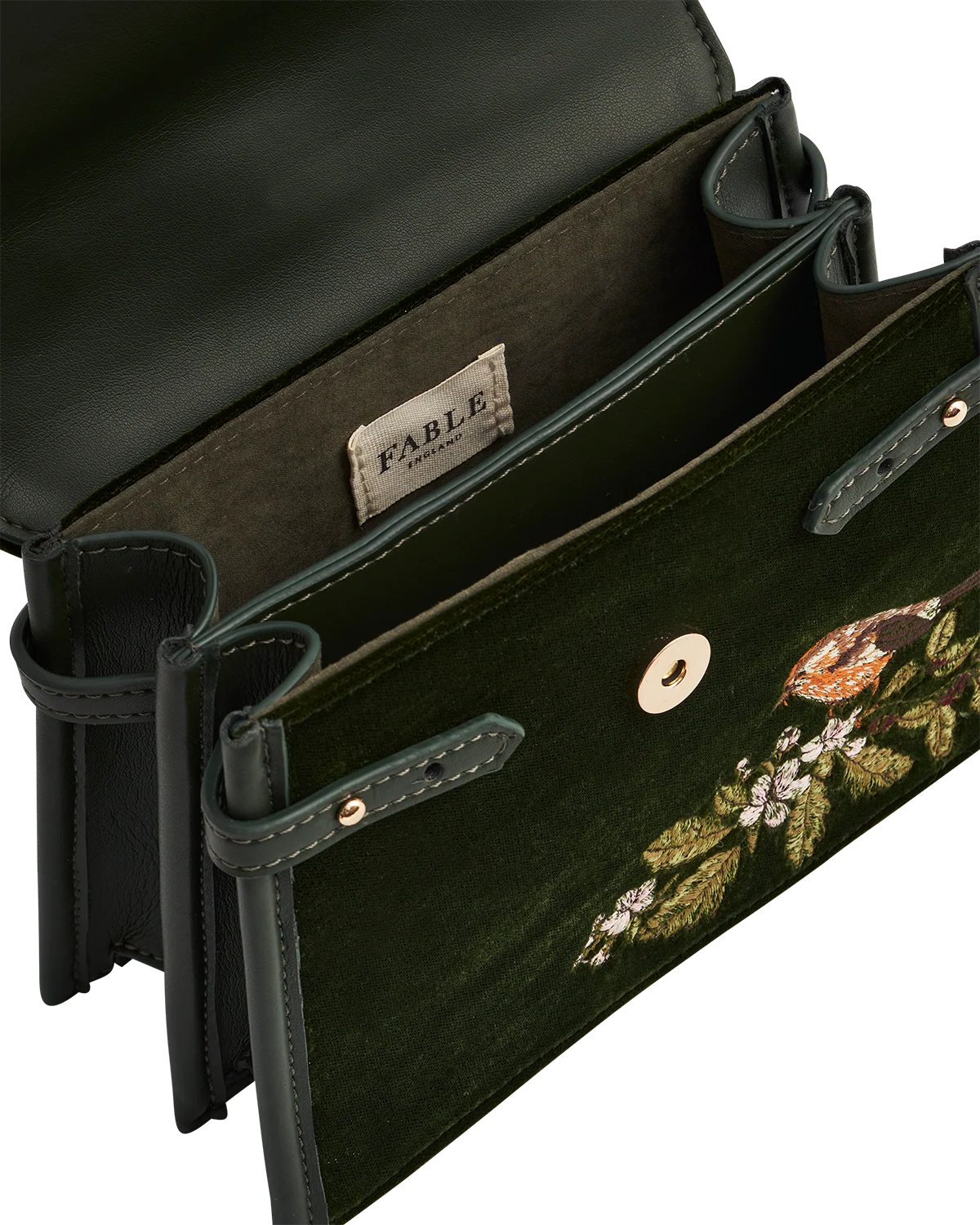 Fable Eliza Wren Embroidered Top Handle Bag in Green Velvet featuring wren bird and blossom embroidery
