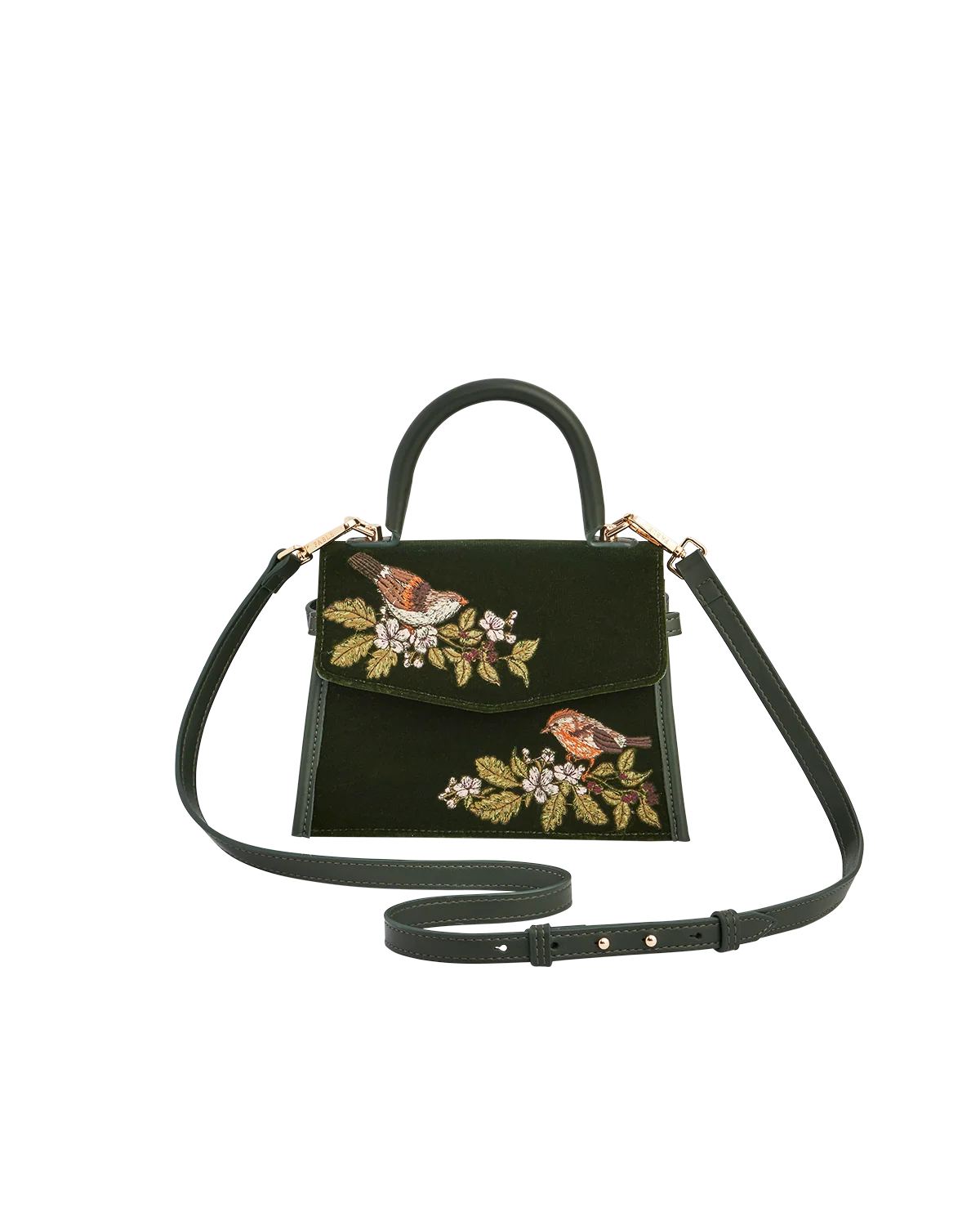 Fable Eliza Wren Embroidered Top Handle Bag in Green Velvet featuring wren bird and blossom embroidery