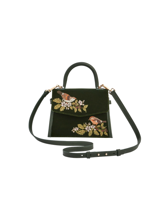 Fable Eliza Wren Embroidered Top Handle Bag in Green Velvet featuring wren bird and blossom embroidery