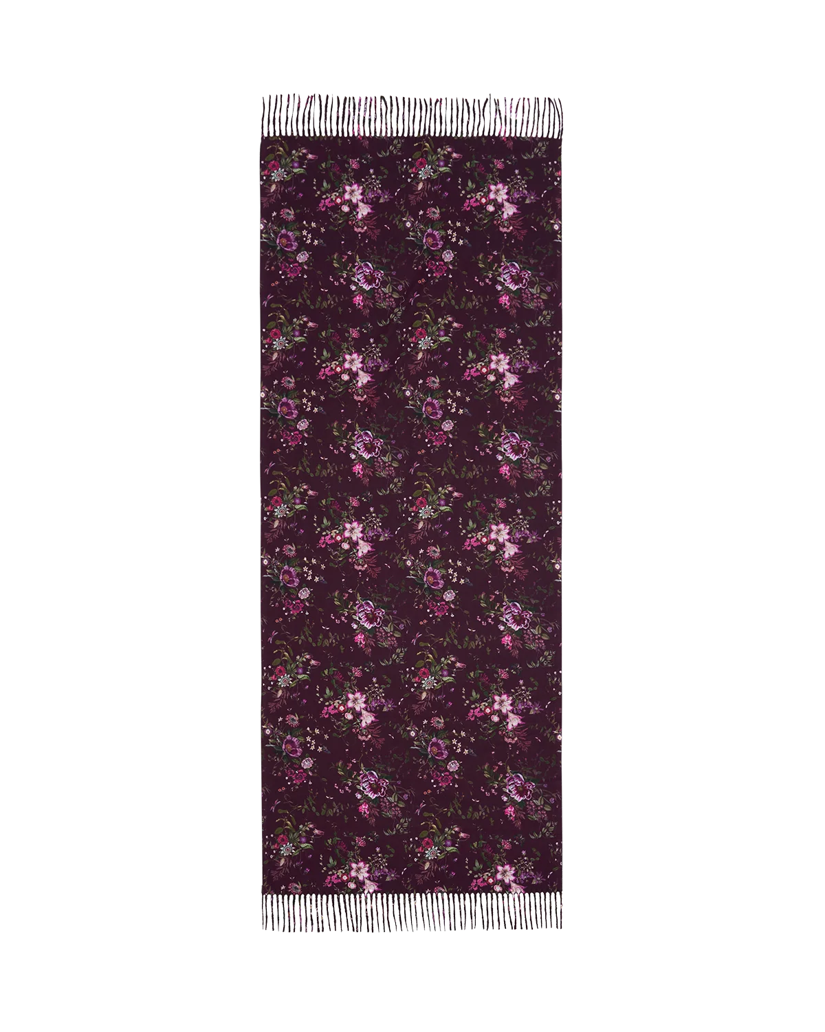 Fable Eve Floral Fringed Scarf in Burgundy wrapped around model's neck featuring floral print and long fringe detail