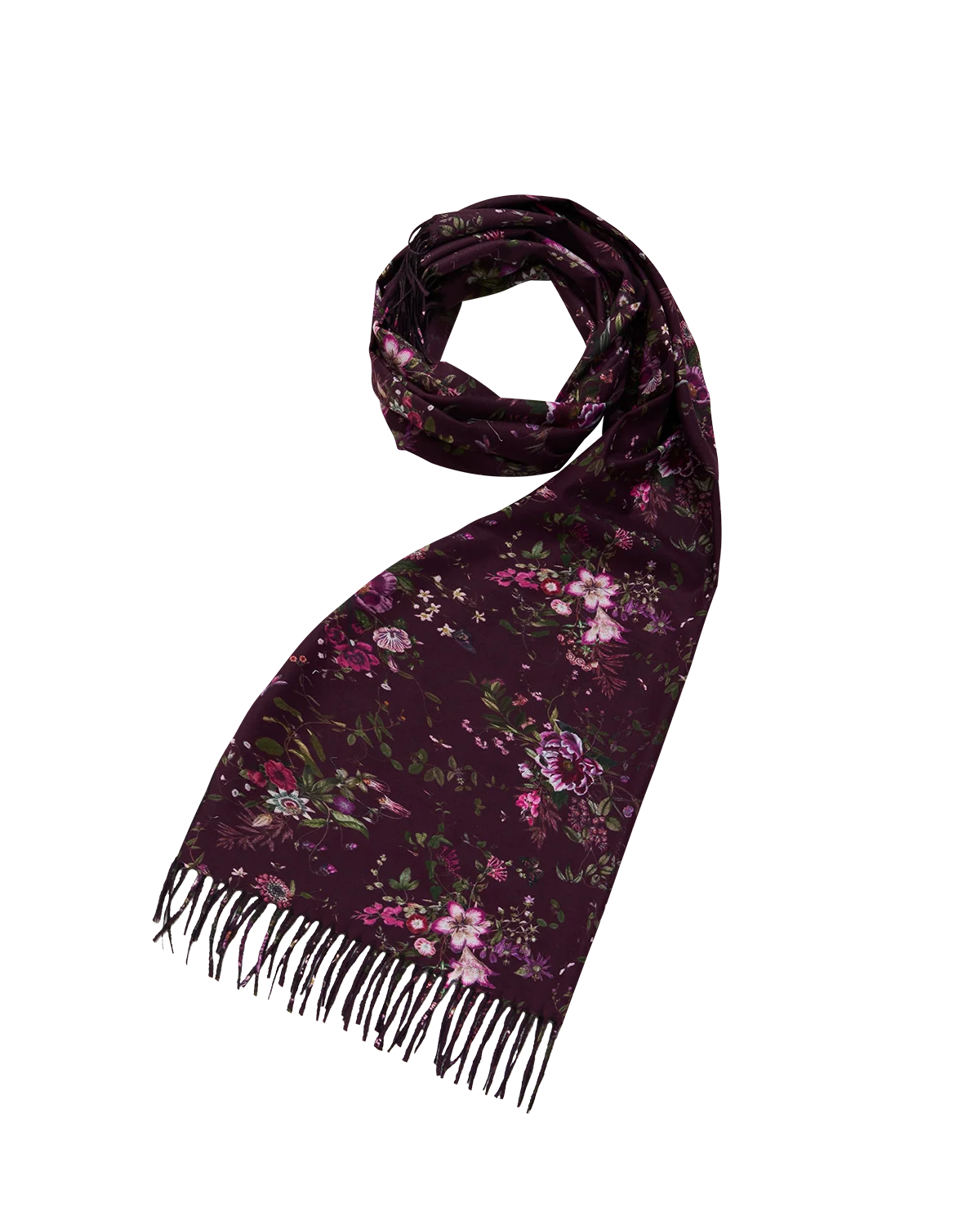 Fable Eve Floral Fringed Scarf in Burgundy wrapped around model's neck featuring floral print and long fringe detail
