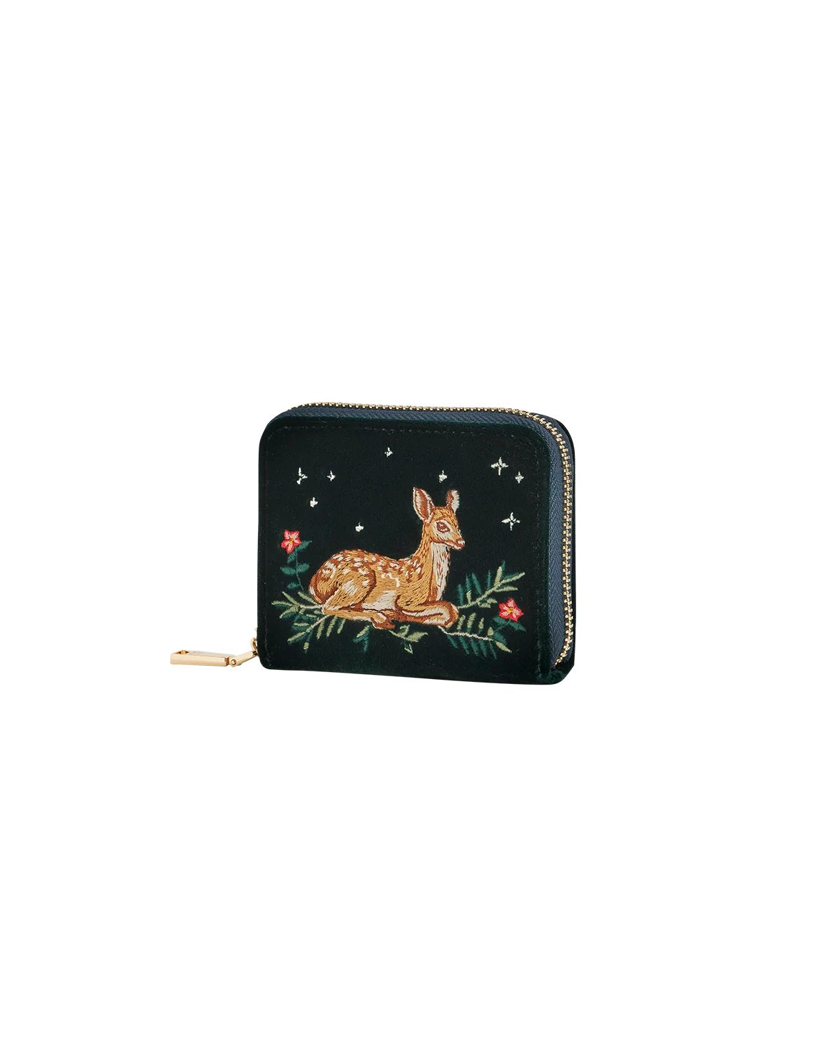 Fable Green Fawn Embroidered Purse Small in green velvet featuring detailed deer artwork and gold zip