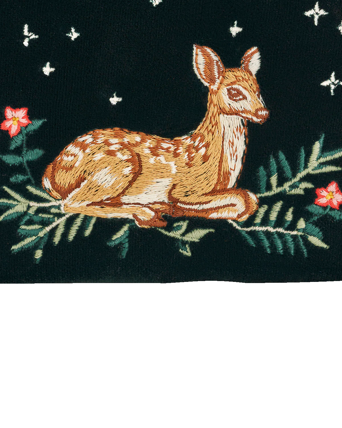 Fable Green Fawn Embroidered Purse Small in green velvet featuring detailed deer artwork and gold zip