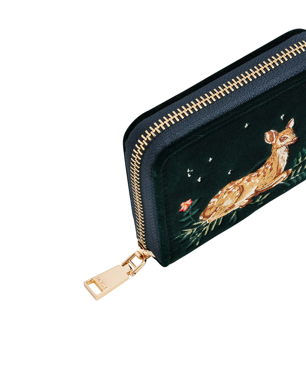 Fable Green Fawn Embroidered Purse Small in green velvet featuring detailed deer artwork and gold zip