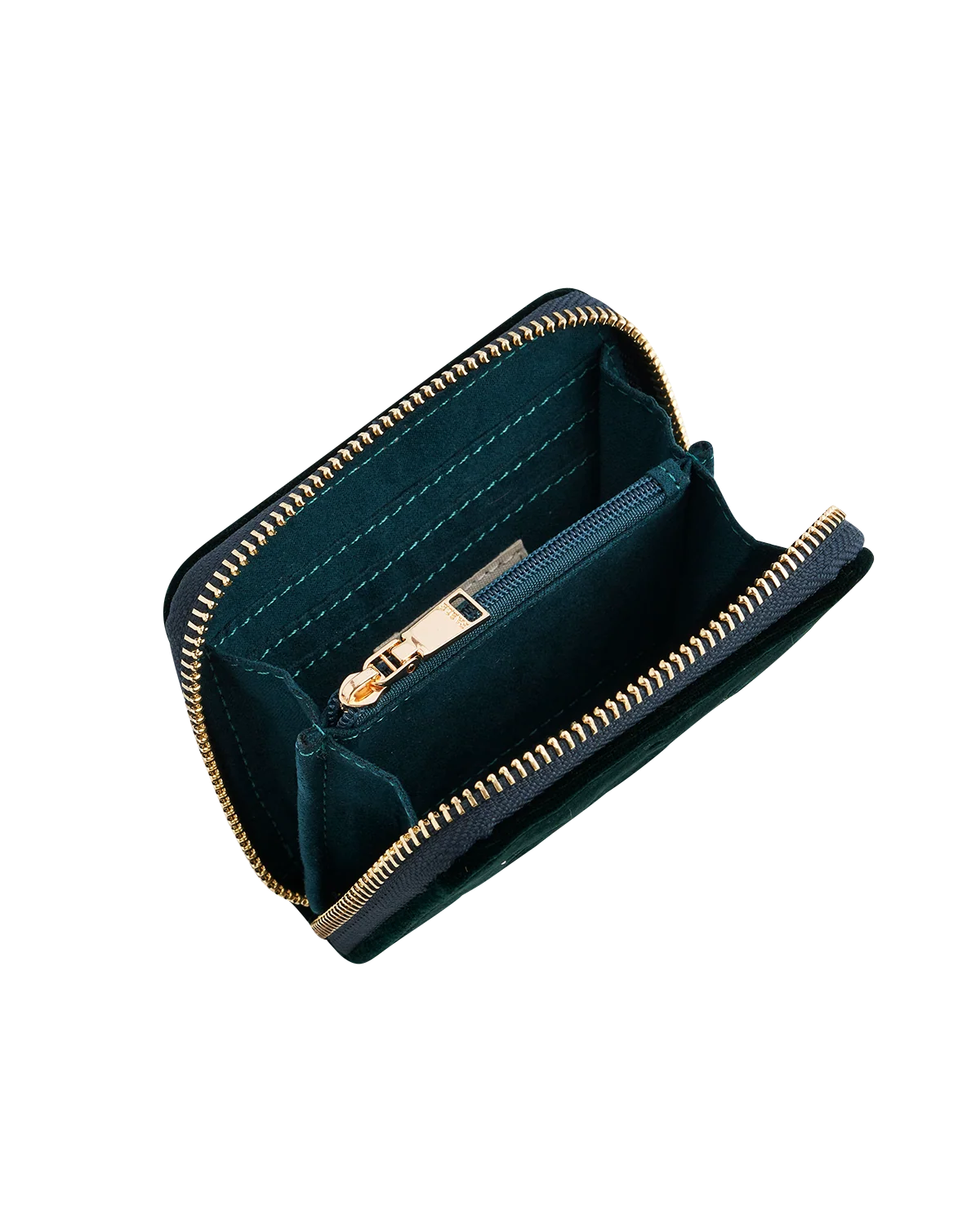 Fable Green Fawn Embroidered Purse Small in green velvet featuring detailed deer artwork and gold zip