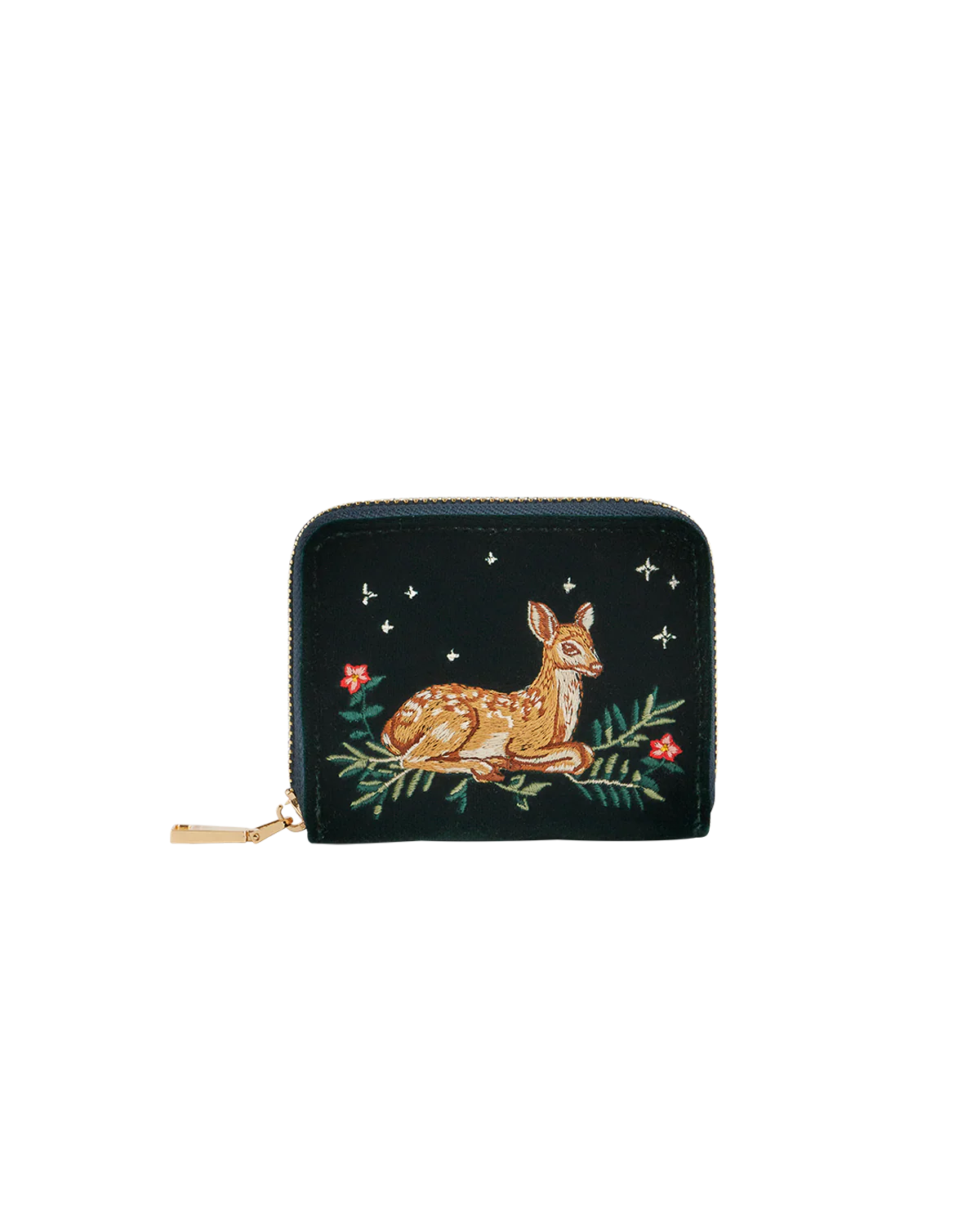 Fable Green Fawn Embroidered Purse Small in green velvet featuring detailed deer artwork and gold zip