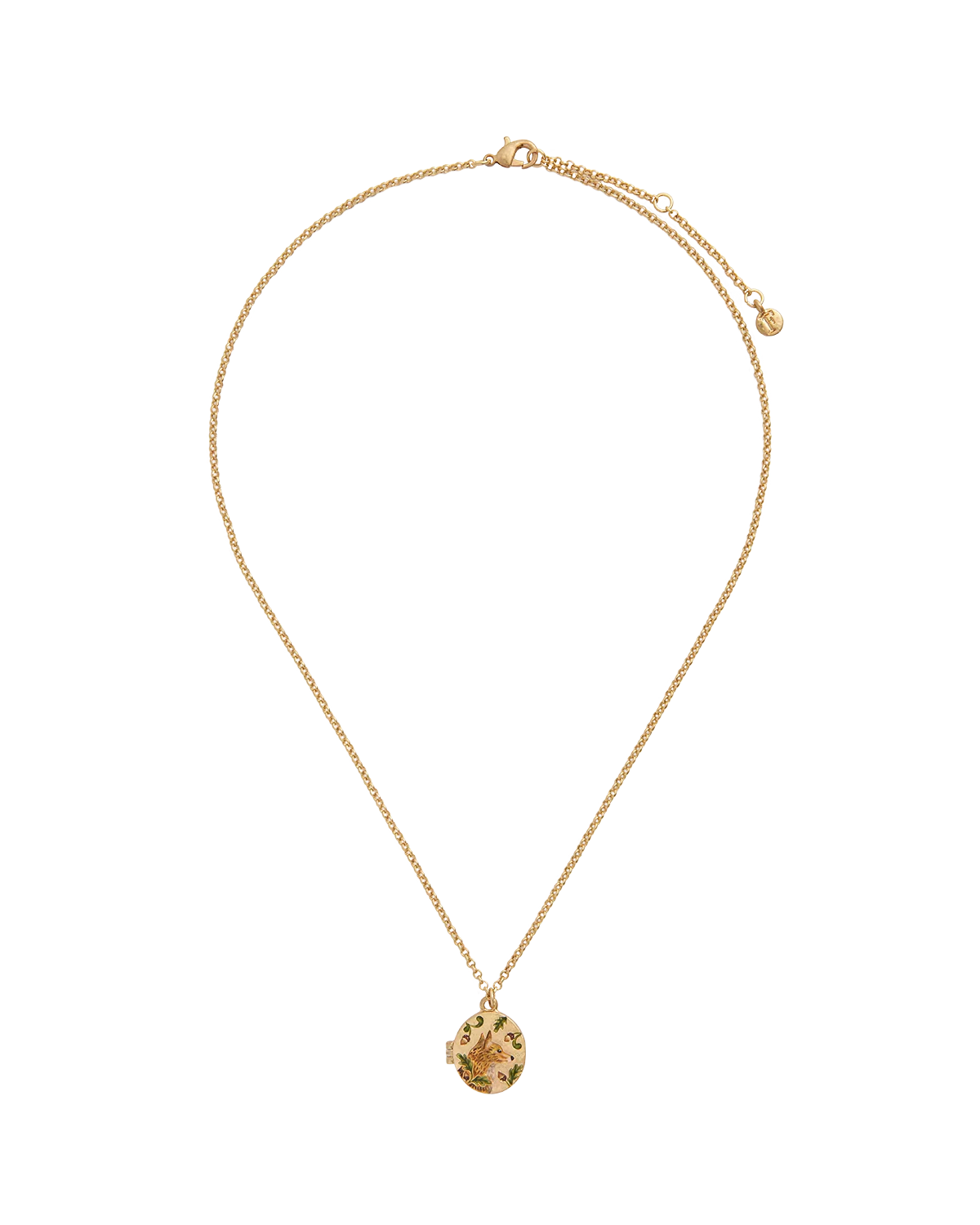 Fable Fox & Acorn Oval Chain Locket Necklace in 22ct worn gold plating with hand-painted enamel fox and acorn detail