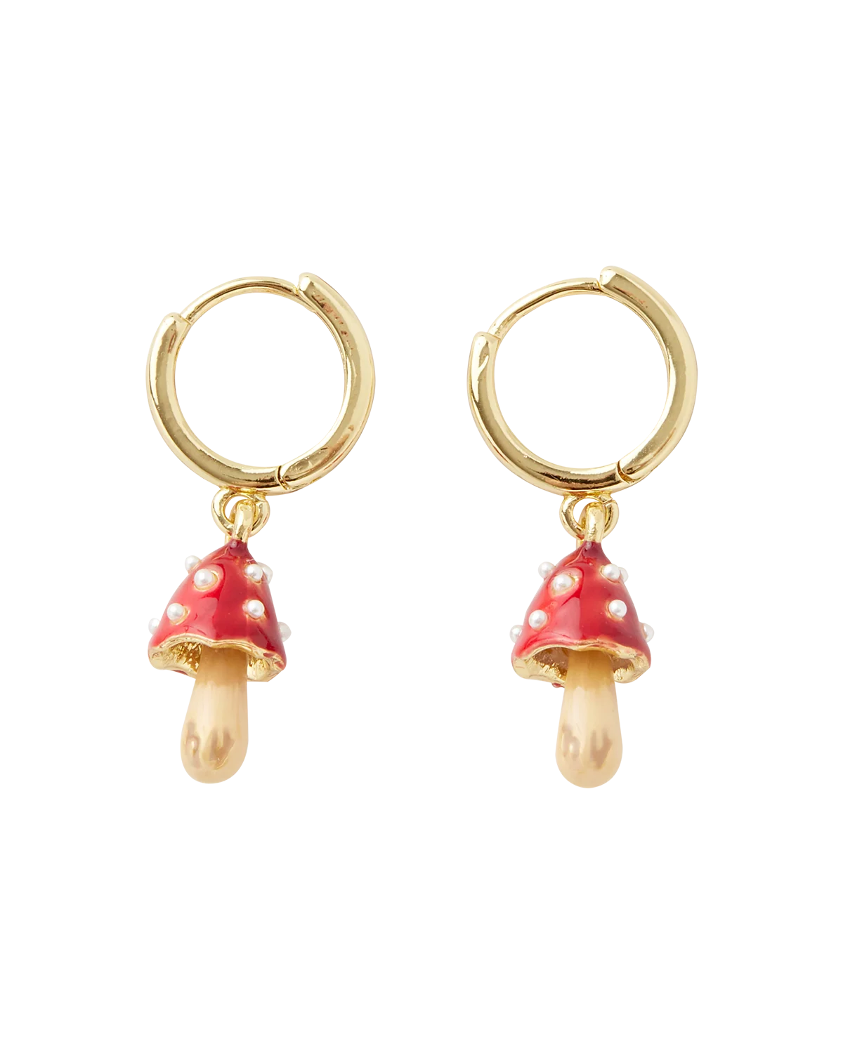 Fable Enamel Mushroom Huggie Earrings with hand-painted red mushroom charms and faux pearls