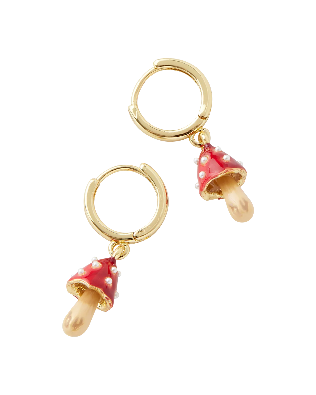 Fable Enamel Mushroom Huggie Earrings with hand-painted red mushroom charms and faux pearls