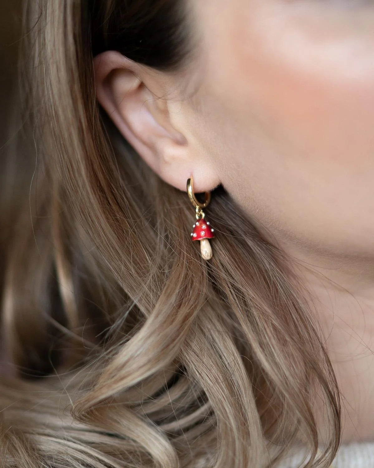 Fable Enamel Mushroom Huggie Earrings with hand-painted red mushroom charms and faux pearls