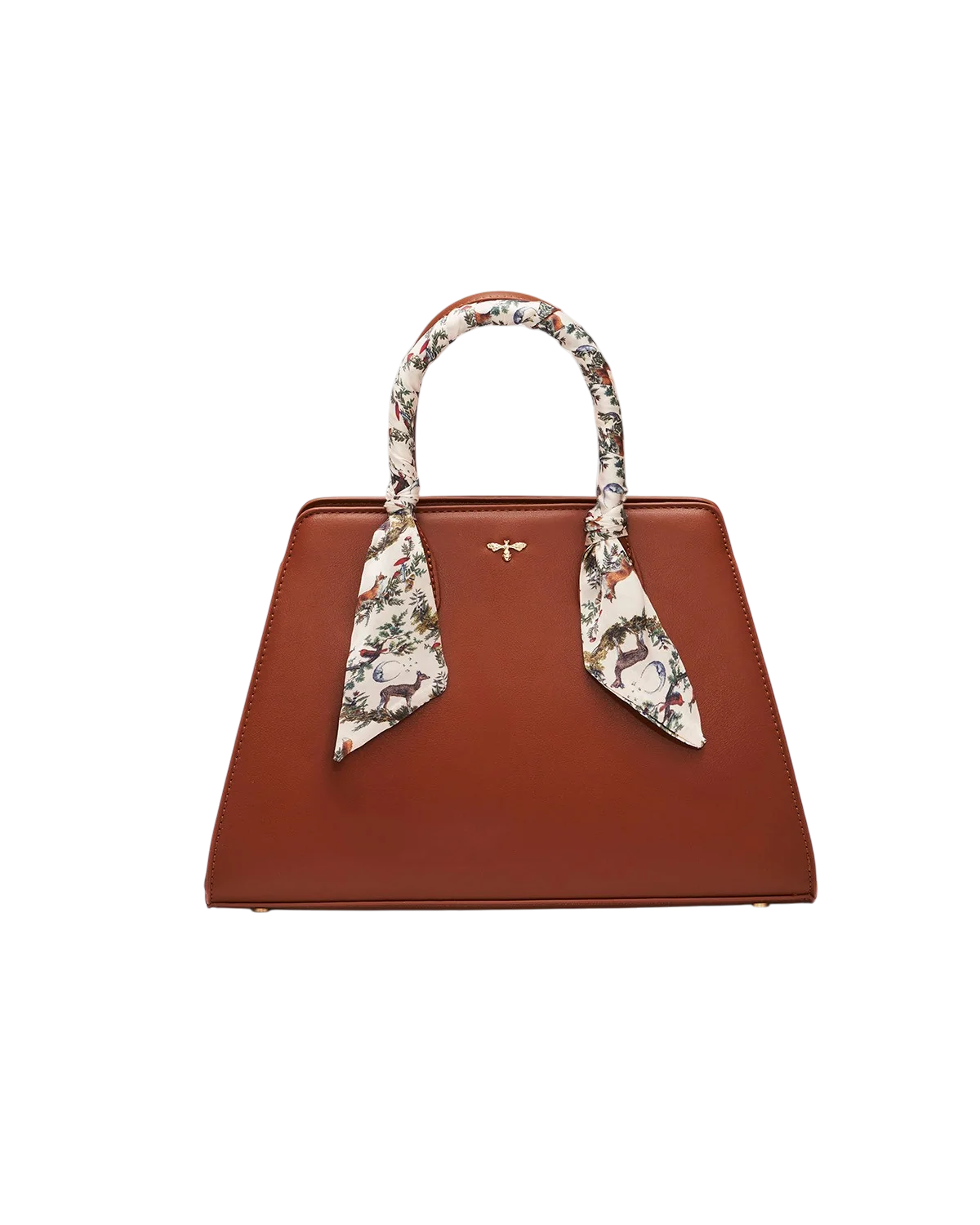 Fable Grace Structured Tote in Tan faux leather with printed handle scarf detail