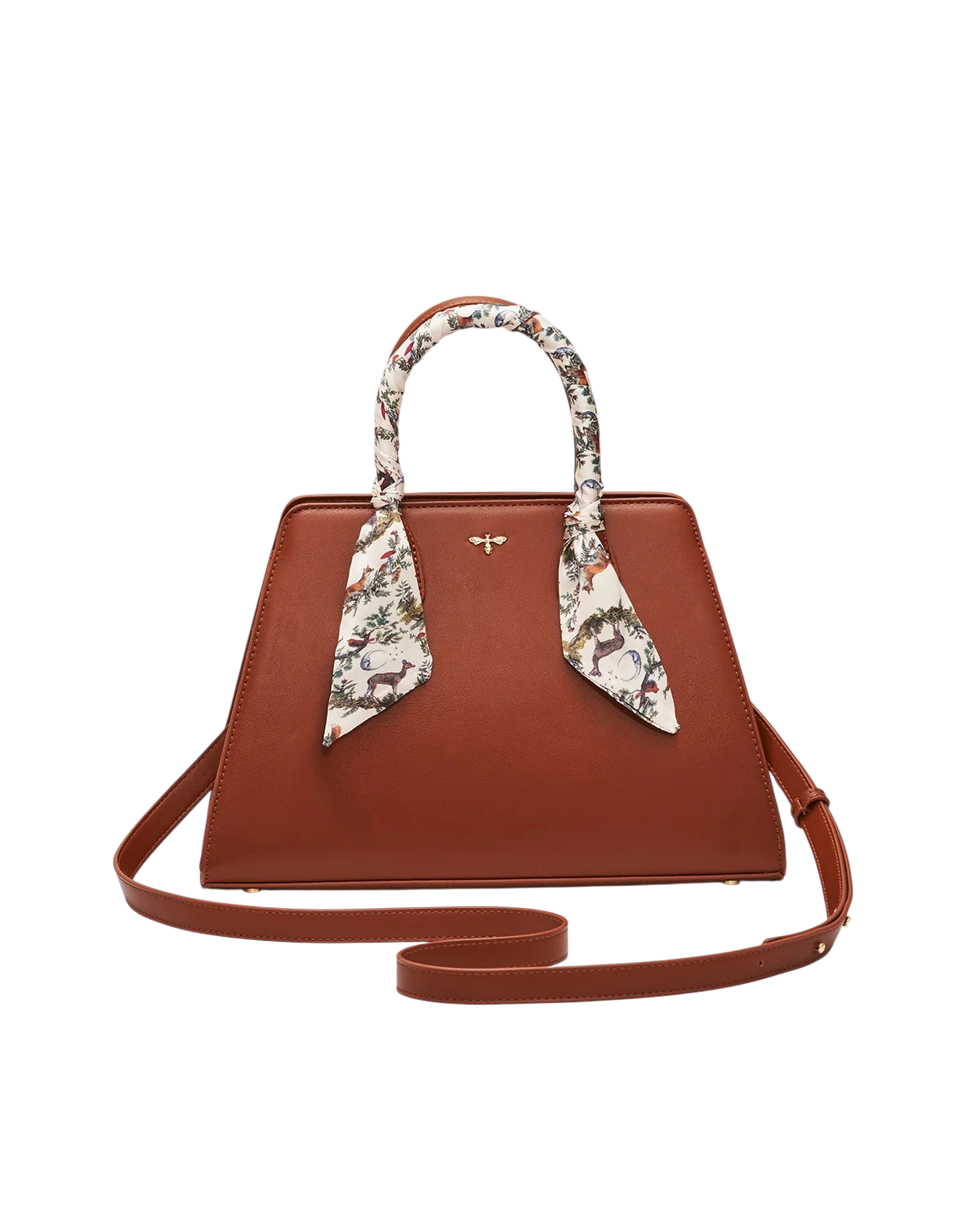 Fable Grace Structured Tote in Tan faux leather with printed handle scarf detail