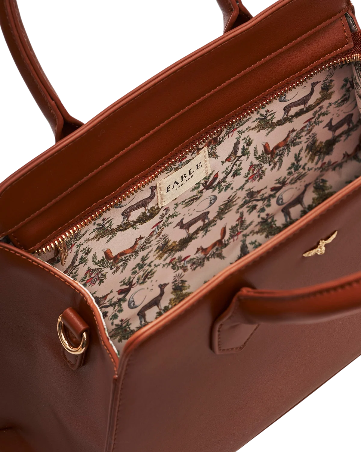 Fable Grace Structured Tote in Tan faux leather with printed handle scarf detail