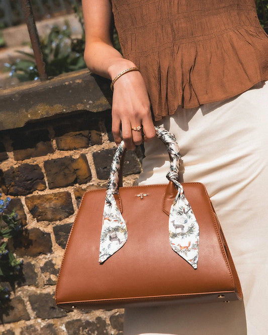 Fable Grace Structured Tote in Tan faux leather with printed handle scarf detail