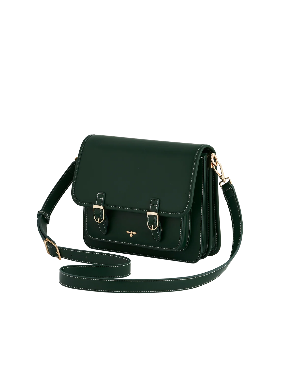 Fable Into the Woods Satchel Bag in green faux leather featuring gold bee plaque and adjustable cross-body strap