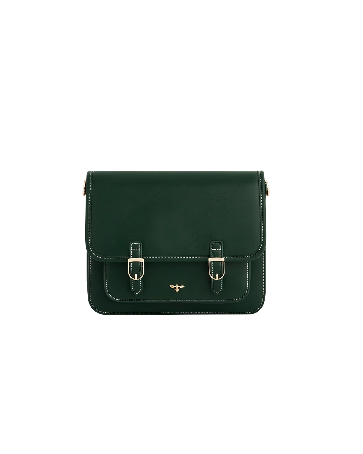 Fable Into the Woods Satchel Bag in green faux leather featuring gold bee plaque and adjustable cross-body strap