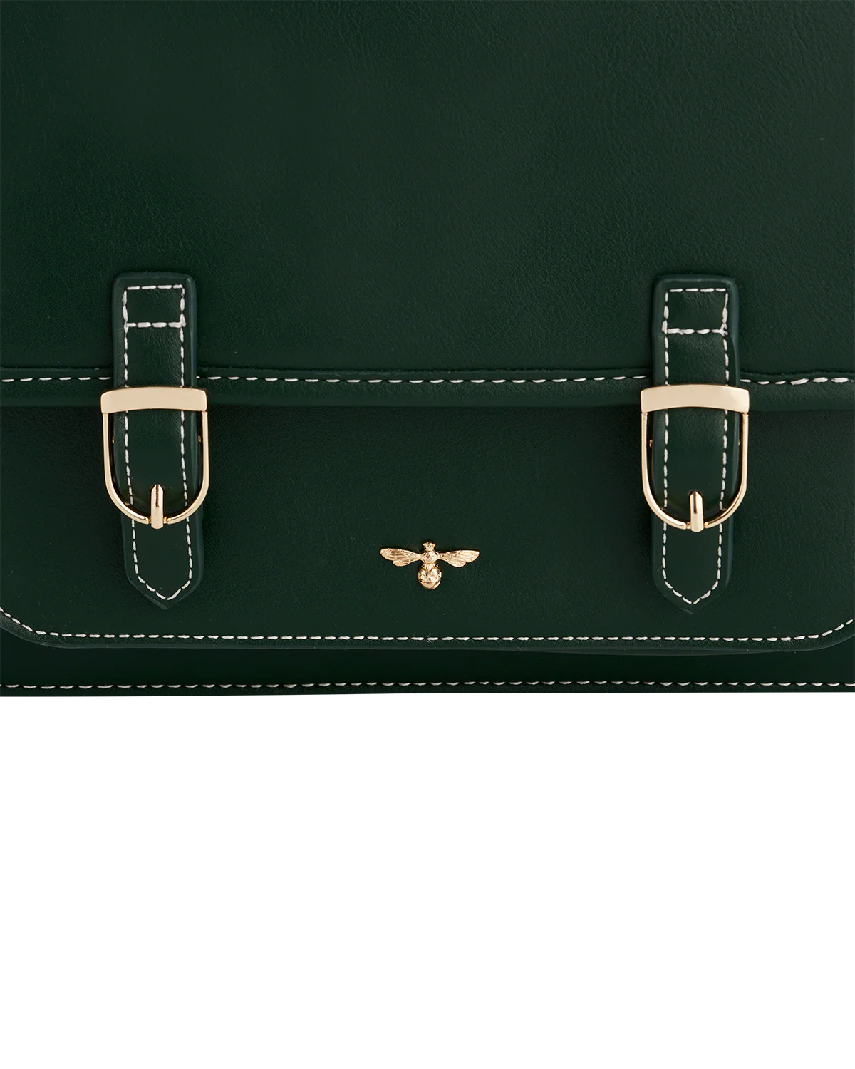 Fable Into the Woods Satchel Bag in green faux leather featuring gold bee plaque and adjustable cross-body strap