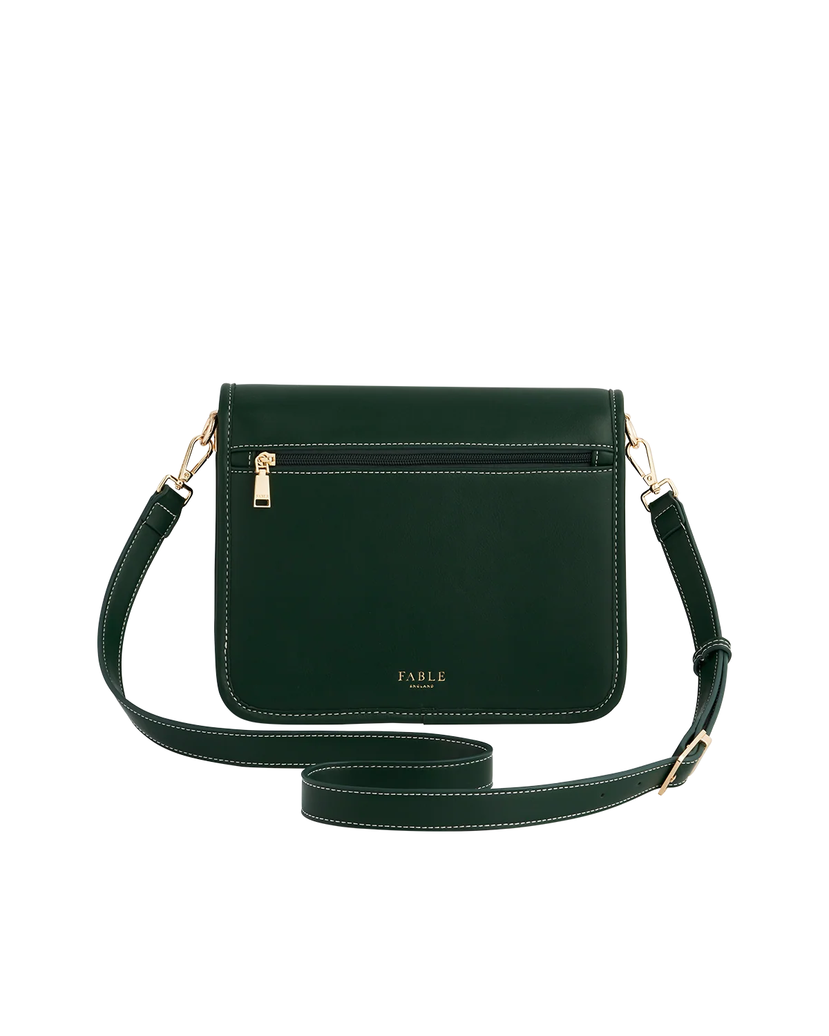 Fable Into the Woods Satchel Bag in green faux leather featuring gold bee plaque and adjustable cross-body strap