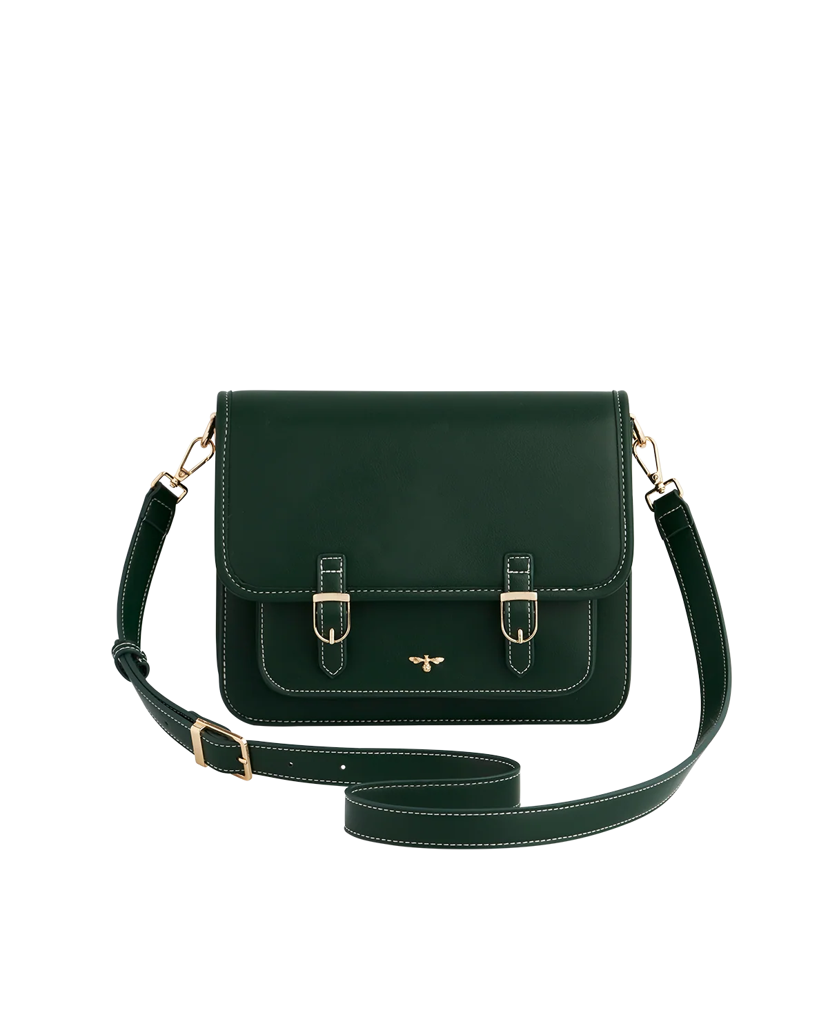 Fable Into the Woods Satchel Bag in green faux leather featuring gold bee plaque and adjustable cross-body strap