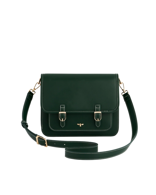 Fable Into the Woods Satchel Bag in green faux leather featuring gold bee plaque and adjustable cross-body strap