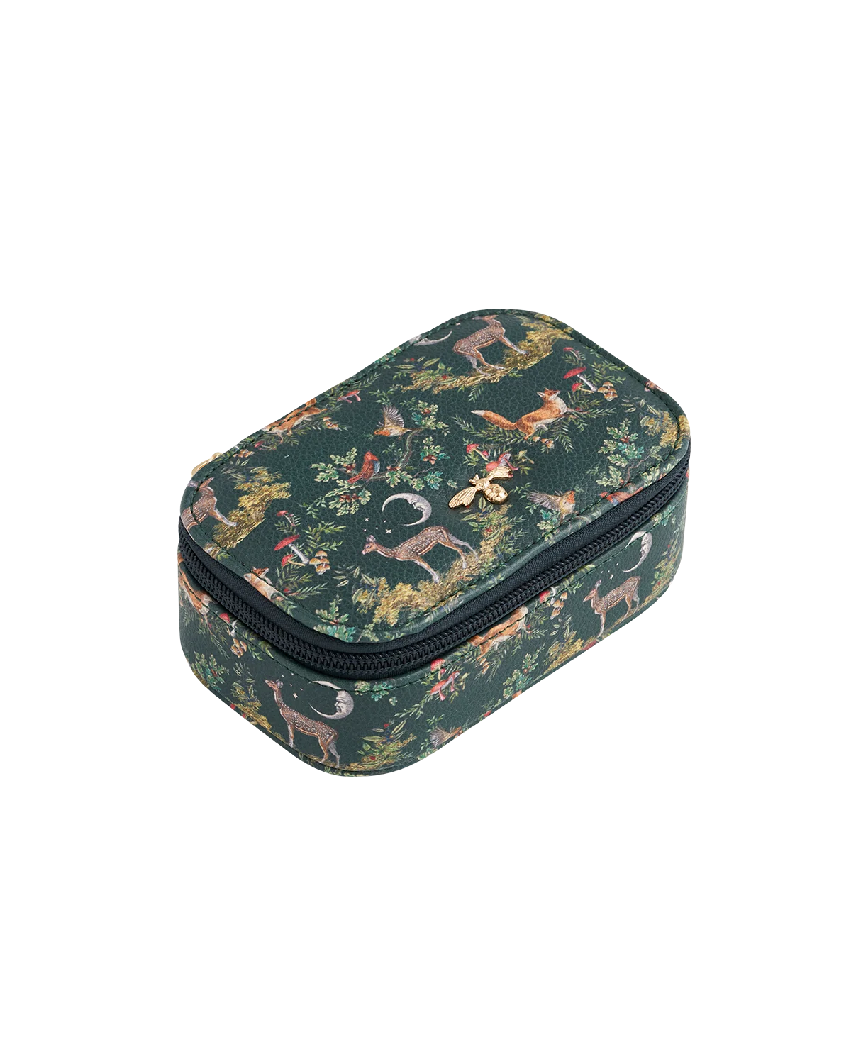 Fable Into the Woods Small Jewellery Box in woodland green faux leather with printed fox design and gold bee plaque