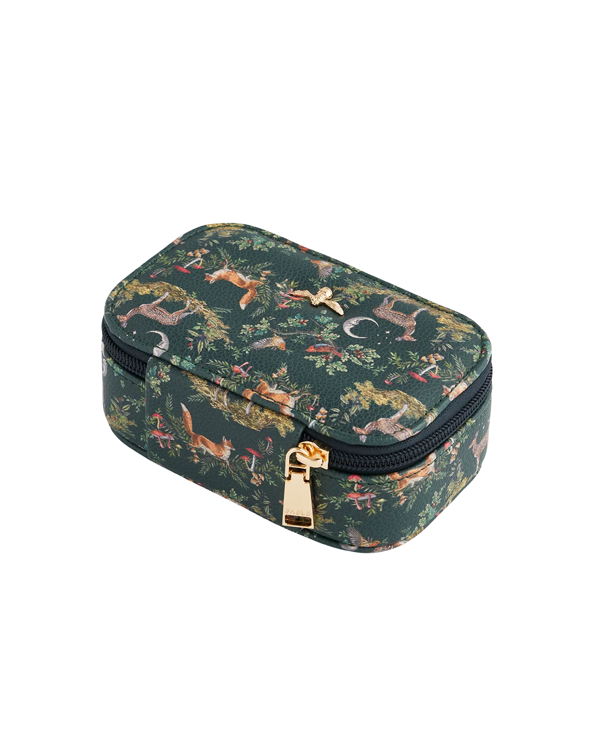 Fable Into the Woods Small Jewellery Box in woodland green faux leather with printed fox design and gold bee plaque