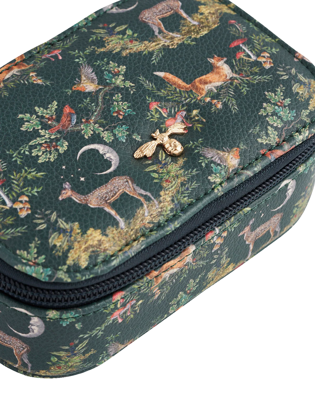 Fable Into the Woods Small Jewellery Box in woodland green faux leather with printed fox design and gold bee plaque