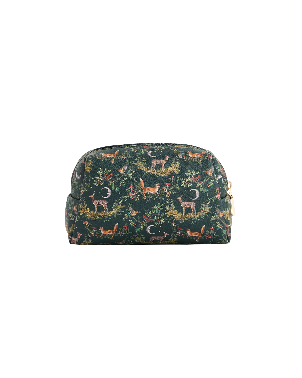 Fable Into the Woods Small Cosmetic Pouch in woodland green faux leather with printed fox and deer design