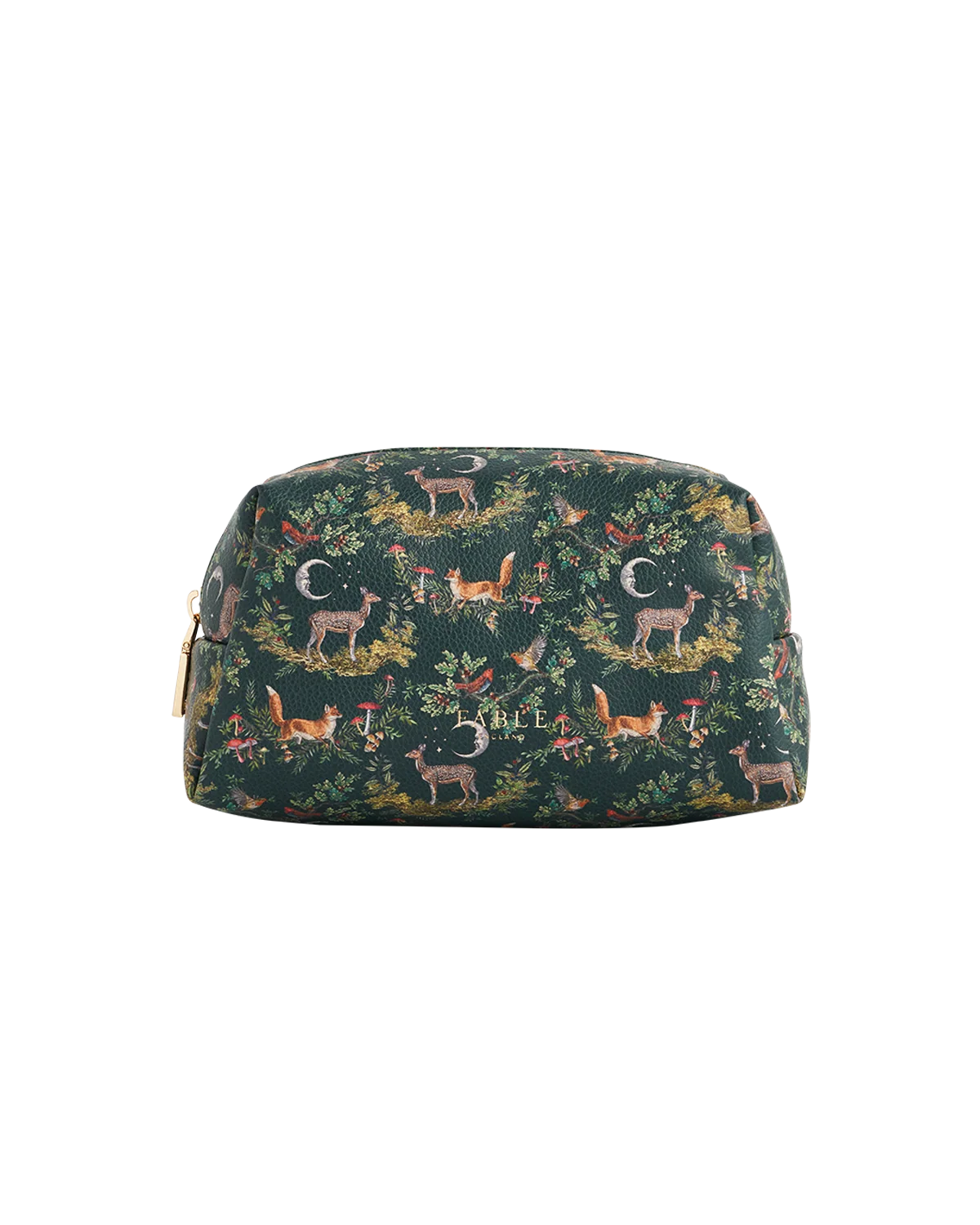 Fable Into the Woods Small Cosmetic Pouch in woodland green faux leather with printed fox and deer design