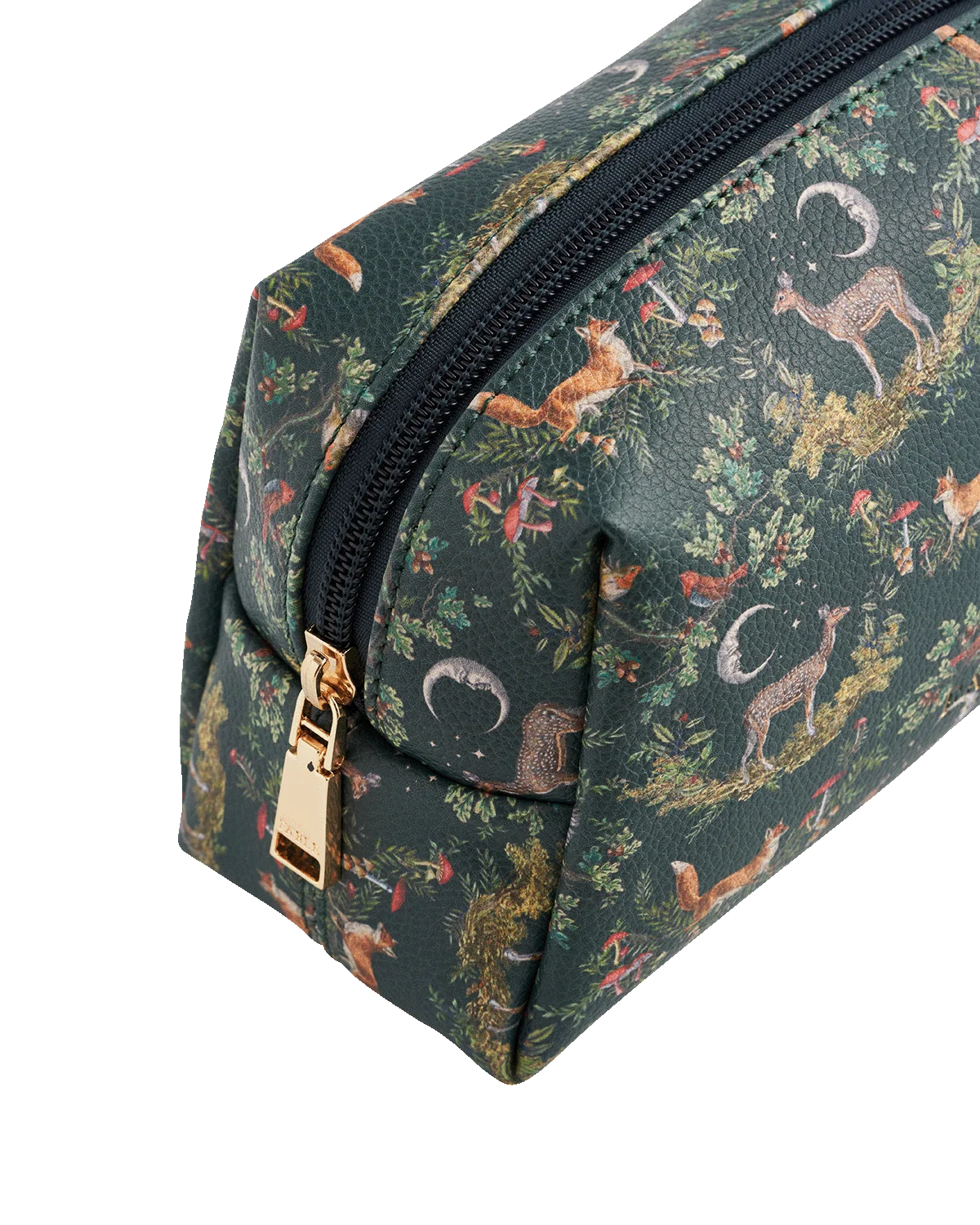 Fable Into the Woods Small Cosmetic Pouch in woodland green faux leather with printed fox and deer design